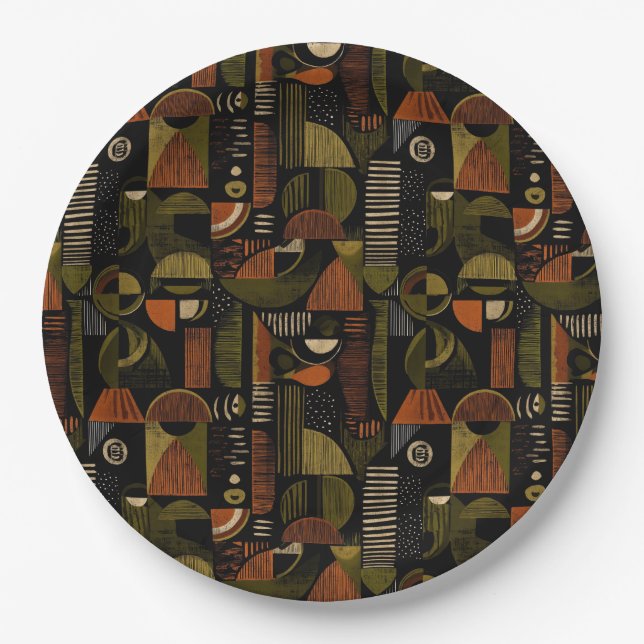 Dark Mid Century Geometric Pattern (1) Paper Plates (Front)