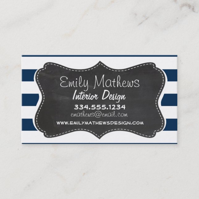 Dark Midnight Blue Stripes; Retro Chalkboard Business Card (Front)
