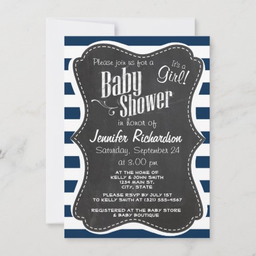 Dark Midnight Blue Stripes; Retro Chalkboard Personalized Invitation