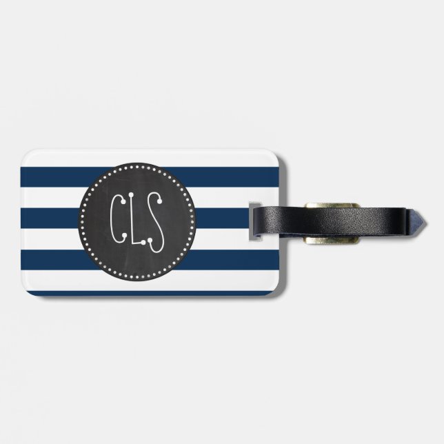Dark Midnight Blue Stripes; Retro Chalkboard Luggage Tag (Back Horizontal)