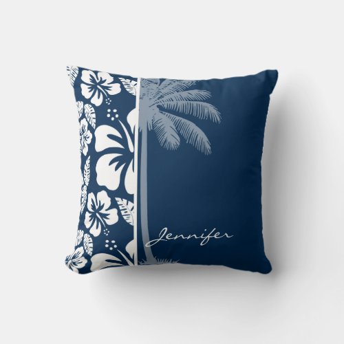 Dark Midnight Blue Tropical Hibiscus Palm Throw Pillow