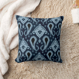 Dark Midnight Light Blue Ikat Tribal Art Pattern Throw Pillow