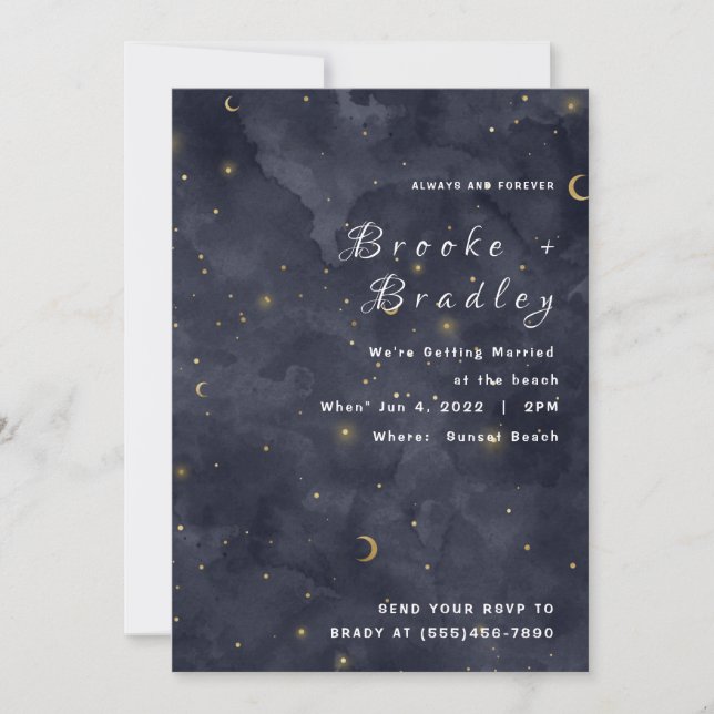 Dark Midnight Moons & Stars Wedding Invitation (Front)