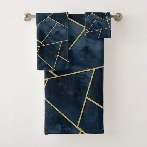 Dark Midnight Navy Blue Gold Geometric Glam 1 Bath Towel Set