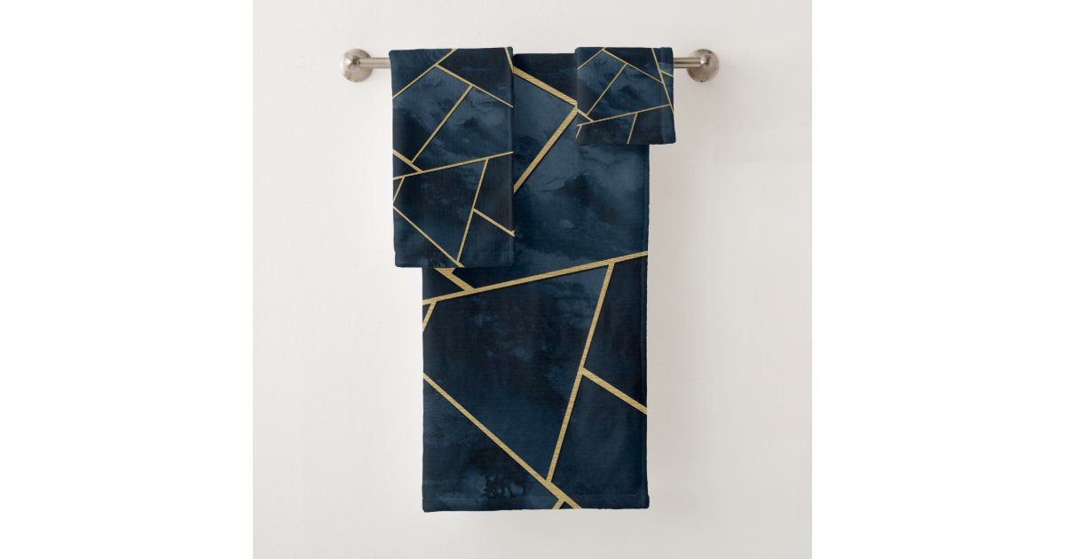 Dark Midnight Navy Blue Gold Geometric Glam 1 Bath Towel Set Zazzle