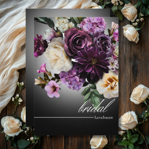 Dark Midnight Purple Floral Romance Bridal Lunch Invitation