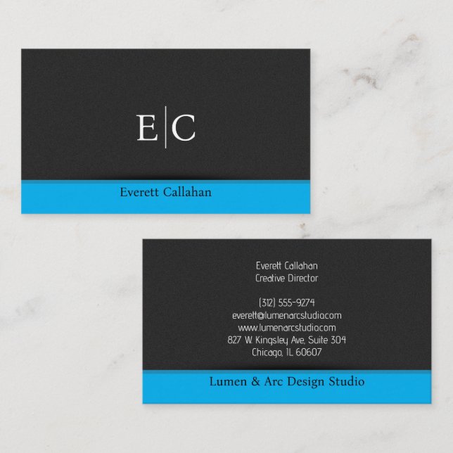Dark minimal grey noise blue accent monogram business card (Front/Back)