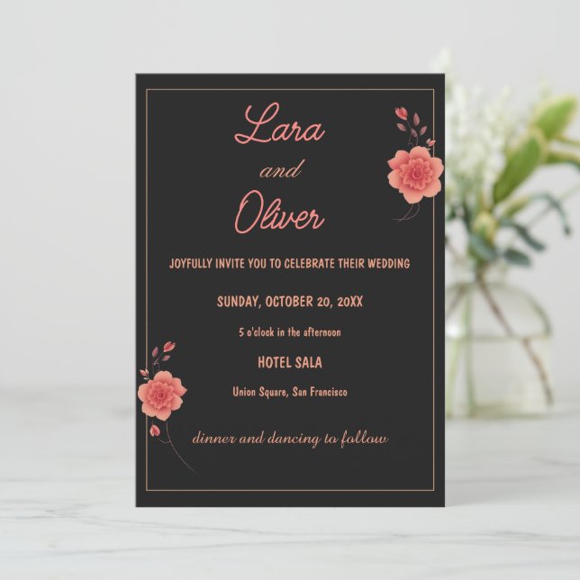 Dark Minimal Rose Wedding Invitation Elegant Rom (Standing Front)