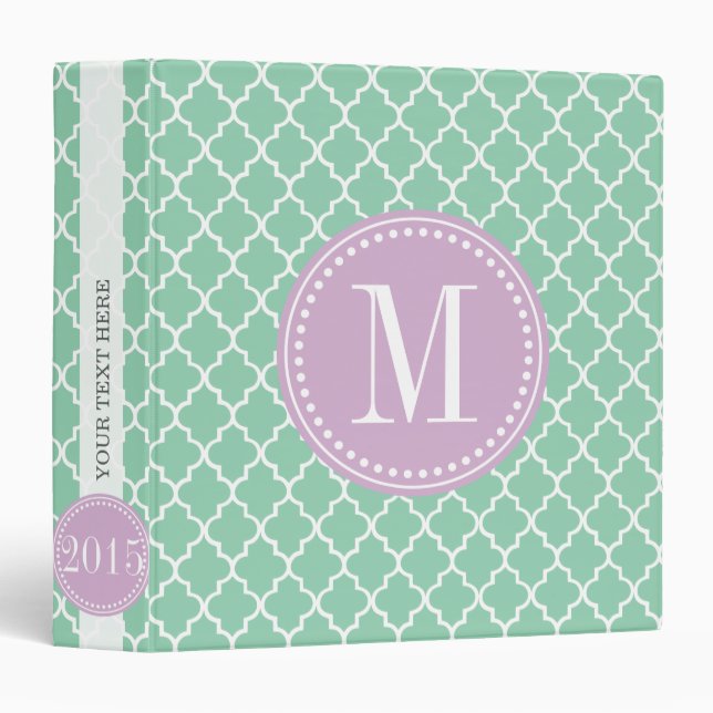 Dark Mint Moroccan Tiles Lattice Personalized 3 Ring Binder (Front/Spine)