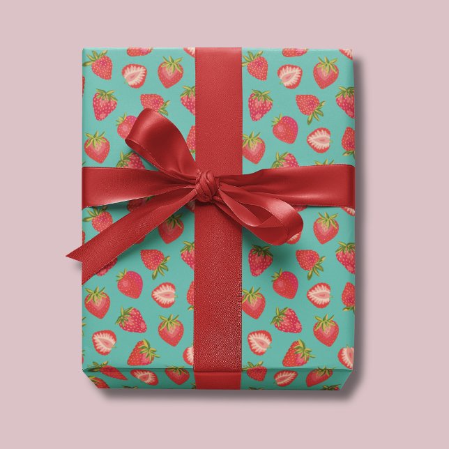 Dark Mint Strawberry Wrapping Paper / Gift Wrap (Cute strawberry summer fruit wrapping paper, ideal for birthdays gift wrap.)