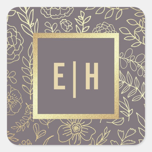Dark Mocha Gold Floral Monogram Wedding  Square Sticker (Front)