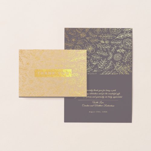 Dark Mocha Gold Floral Thank You Wedding  Foil Card