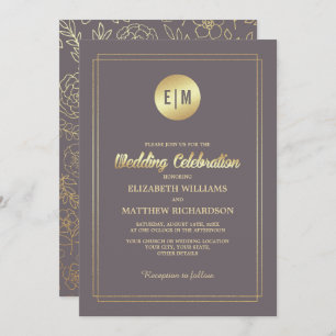 Dark Mocha Gold Floral Wedding Invitation