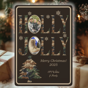 Dark Mocha Photo Camo Holly Jolly Merry Christmas Holiday Card