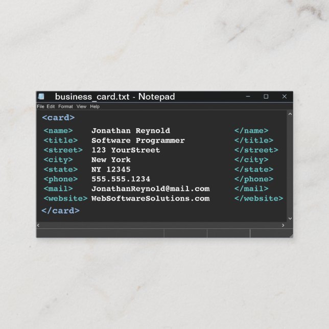 Dark Mode Notepad Coder Format Computer Programmer Business Card (Front)