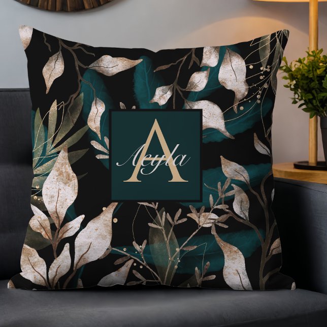 Dark Modern Boho Botanical Leaves Monogram Throw Pillow (Creator Uploaded)
