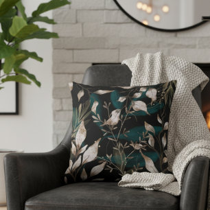 Dark Modern Boho Botanical Leaves Throw Pillow