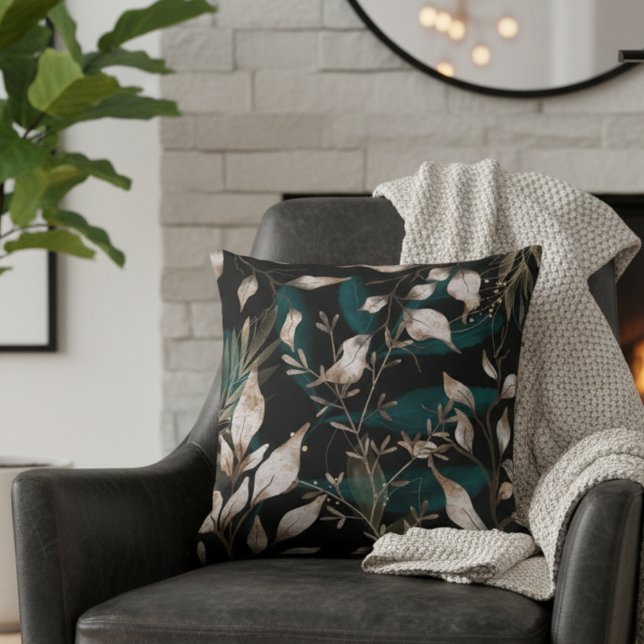 Dark Modern Boho Botanical Leaves Throw Pillow (Creator Uploaded)