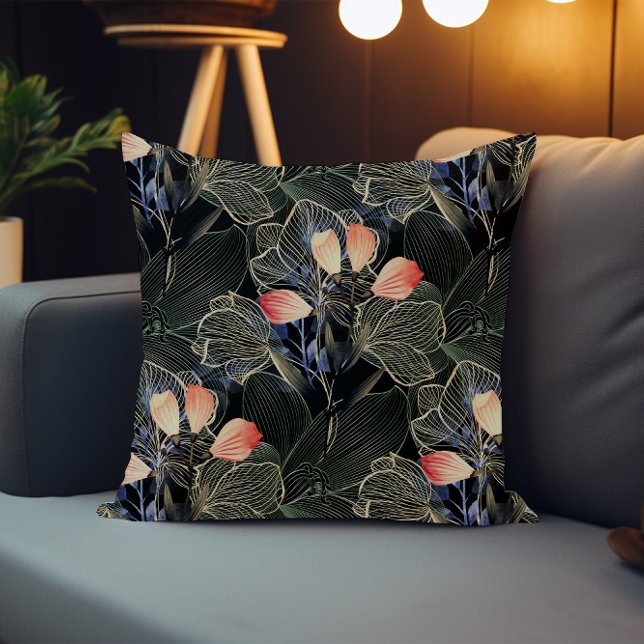 Dark Modern Elegant Boho Floral Black Throw Pillow (Creator Uploaded)