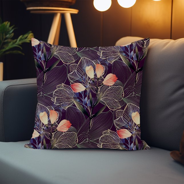 Dark Modern Elegant Boho Floral Dark Purple Throw Pillow (Creator Uploaded)