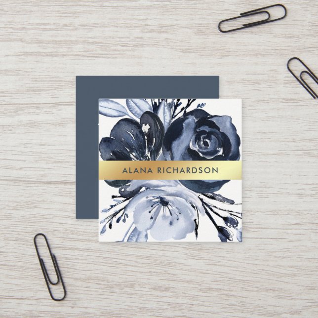 Dark Modern Floral with Faux Gold Look Square Business Card (Front/Back In Situ)