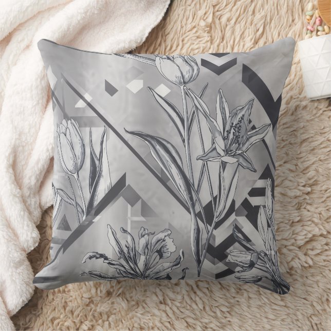 Dark Modern Geometric Tulip Line Art Pattern (2) Throw Pillow (Blanket)