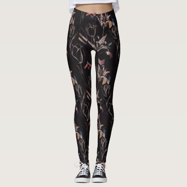 Dark Modern Geometric Tulip Line Art Pattern Leggings (Front)