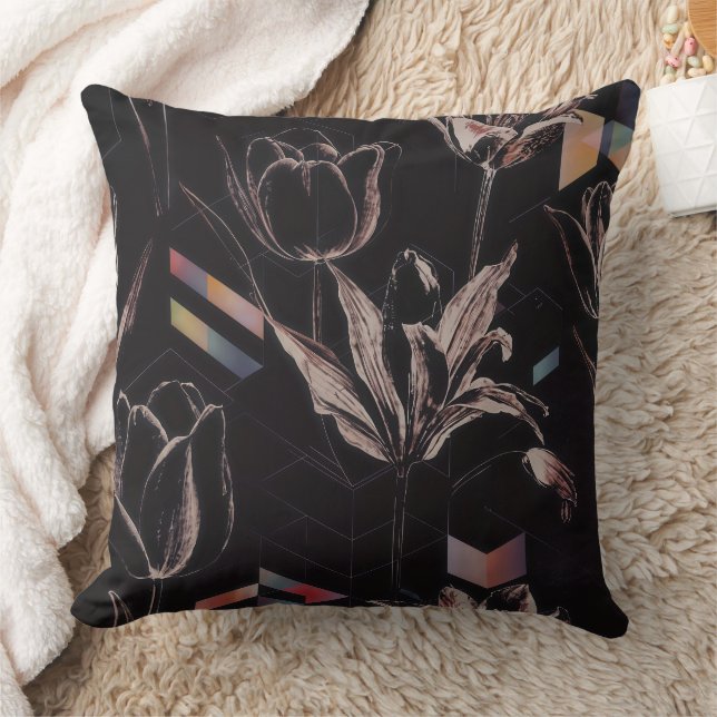 Dark Modern Geometric Tulip Line Art Pattern Throw Pillow (Blanket)