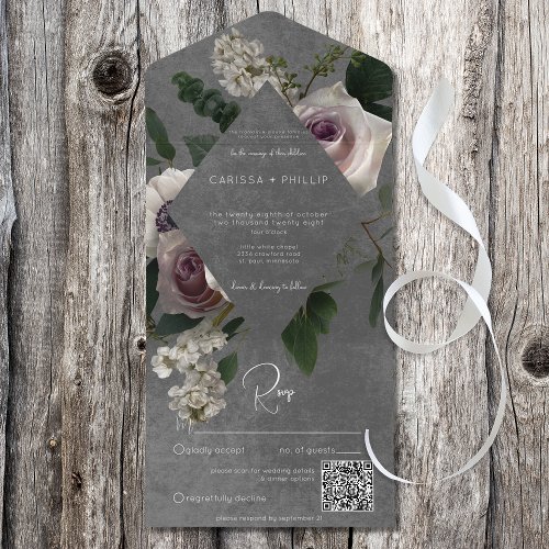 Dark Modern Pink  White Moody Floral QR Code All In One Invitation