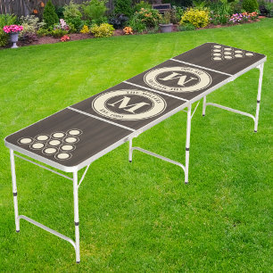 Dark Modern Wood Family Monogram & Name Beer Pong Table