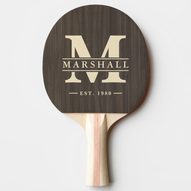 Dark Modern Wood Monogram & Name Overlay Ping Pong Paddle (Back)