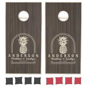 Dark Modern Wood Pineapple Wedding Arch & Name Cornhole Set
