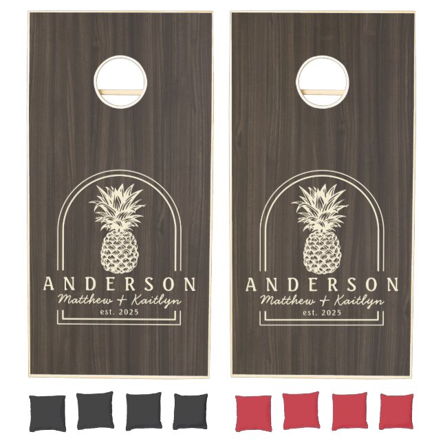 Dark Modern Wood Pineapple Wedding Arch & Name Cornhole Set (Set)