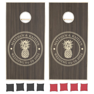 Dark Modern Wood Pineapple Wedding Names Cornhole Set