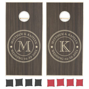 Dark Modern Wood Wedding Monogram Star Cornhole Set