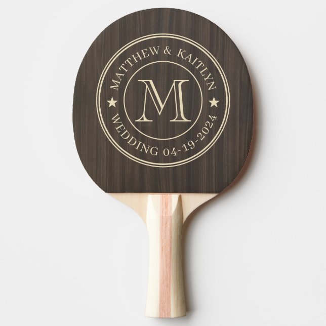 Dark Modern Wood Wedding Monogram Star Ping Pong Paddle (Front)