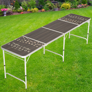 Dark Modern Wood Wedding String Lighting & Name Beer Pong Table