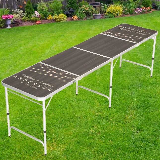 Dark Modern Wood Wedding String Lighting & Name Beer Pong Table (Creator Uploaded)