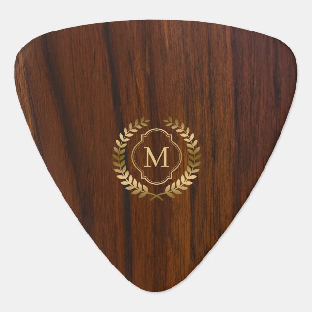Dark mohagony wood gold badge monogram guitar pick (Front)
