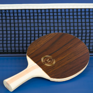 Dark mohagony wood gold badge monogram ping pong paddle