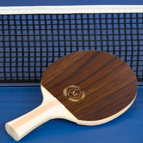 Dark mohagony wood gold badge monogram ping pong paddle
