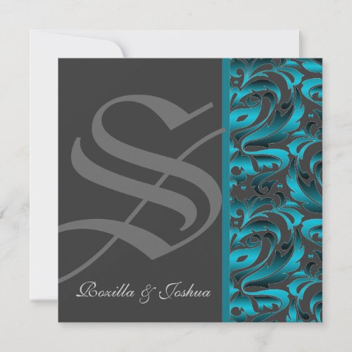 Dark Monogram Teal Damask Wedding Invitation