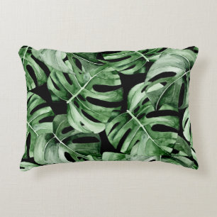 Dark Monstera: Tropical Watercolor Print. Accent Pillow