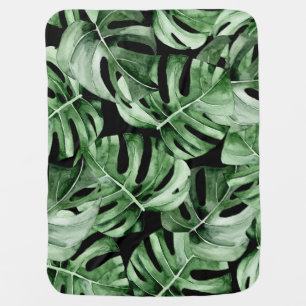 Dark Monstera: Tropical Watercolor Print. Baby Blanket