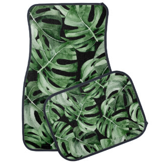 Dark Monstera: Tropical Watercolor Print. Car Floor Mat