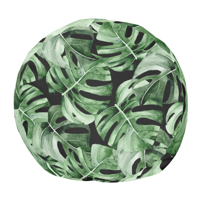 Dark Monstera: Tropical Watercolor Print. Pouf (Bottom)
