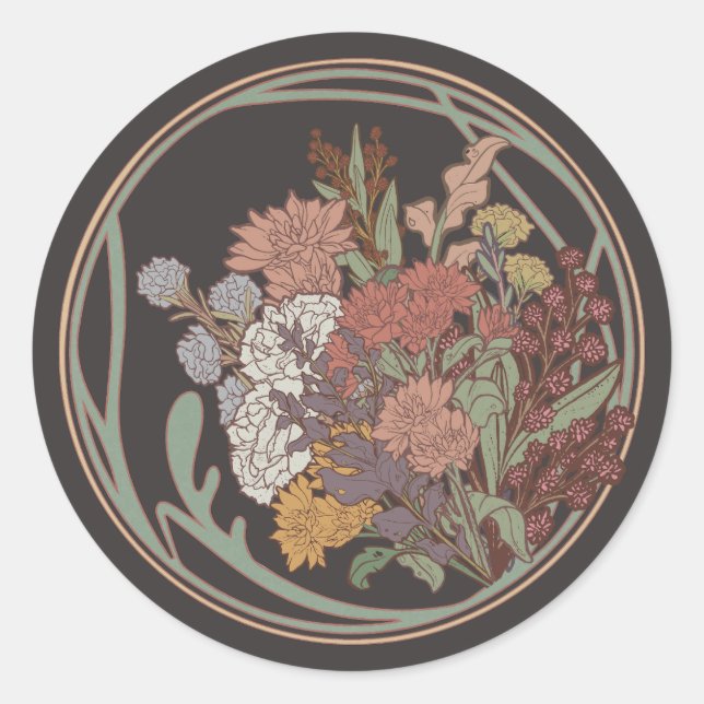 Dark & Moody Art Nouveau Floral Bouquet Classic Round Sticker (Front)
