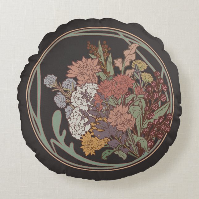 Dark & Moody Art Nouveau Floral Bouquet Round Pillow (Front)