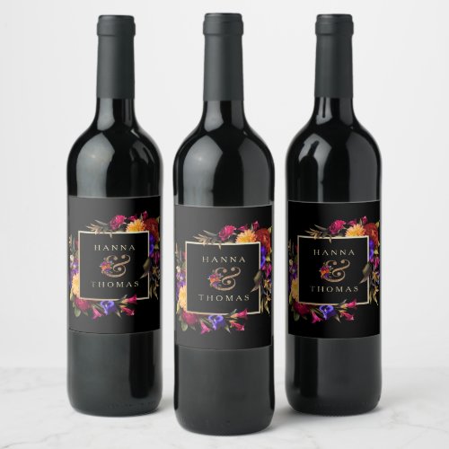 Dark Moody Autumn Bold Floral Wedding Wine Label