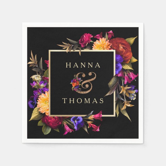 Dark Moody Autumn Floral Wedding Napkins (Front)
